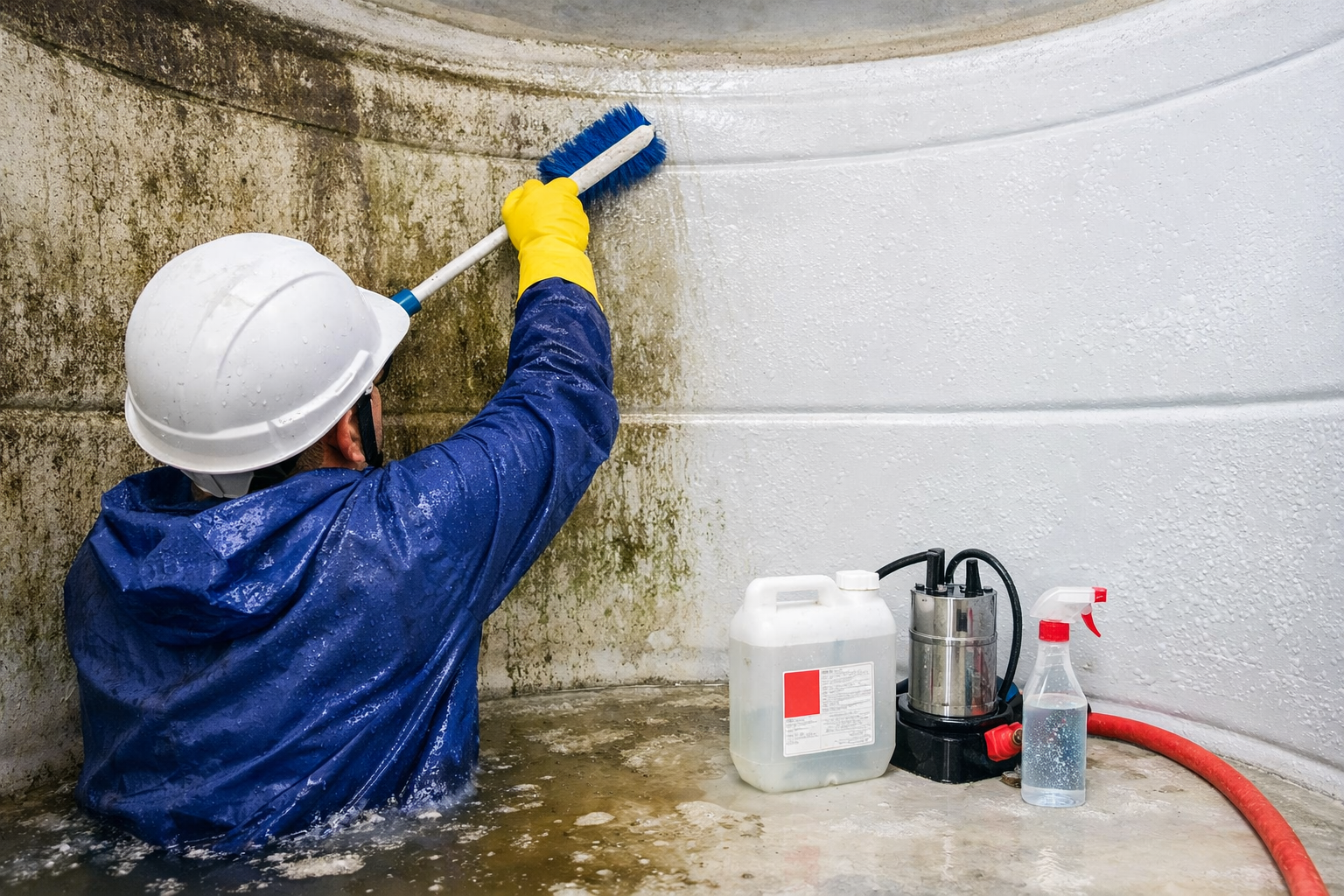 غسيل خزانات المياه من الداخل باستخدام فرشاة وتعقيم الجدران لإزالة الطحالب والرواسب