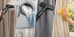 تنظيف الستائر في المنزل باستخدام المكنسة الكهربائية والبخار والغسيل اليدوي لإزالة الغبار والبقع